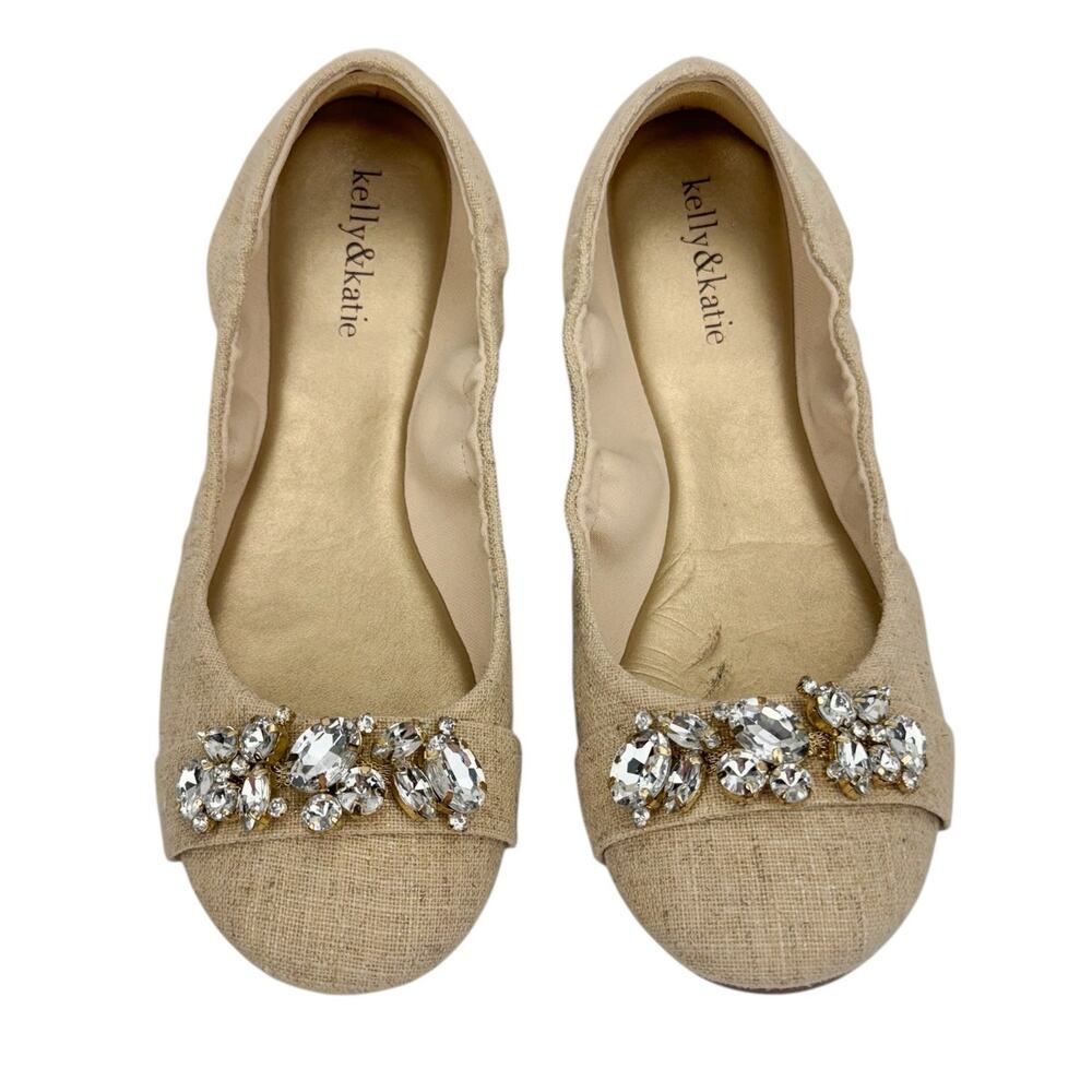Kelly &‎ Katie Beige Burlap Statement Gems Scrunch Ballet Flats 9 Light Comfort